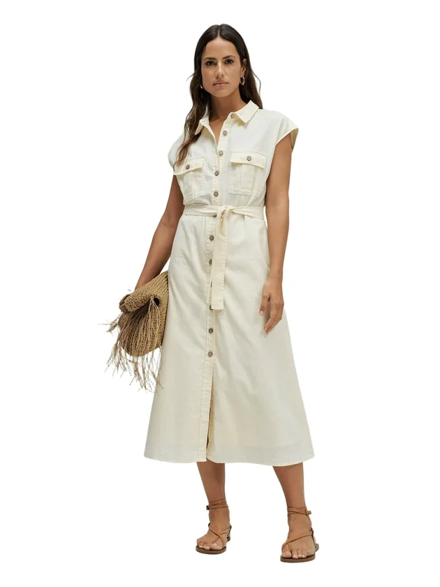 Sleeveless Shirt Dress W Natural Button