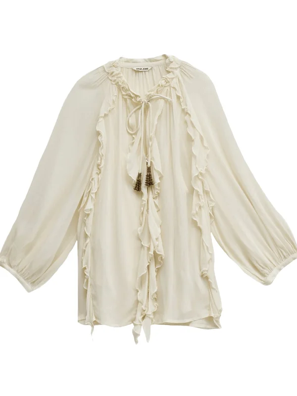 Ruffle Blouse W Buttons 3 4 Sleeves