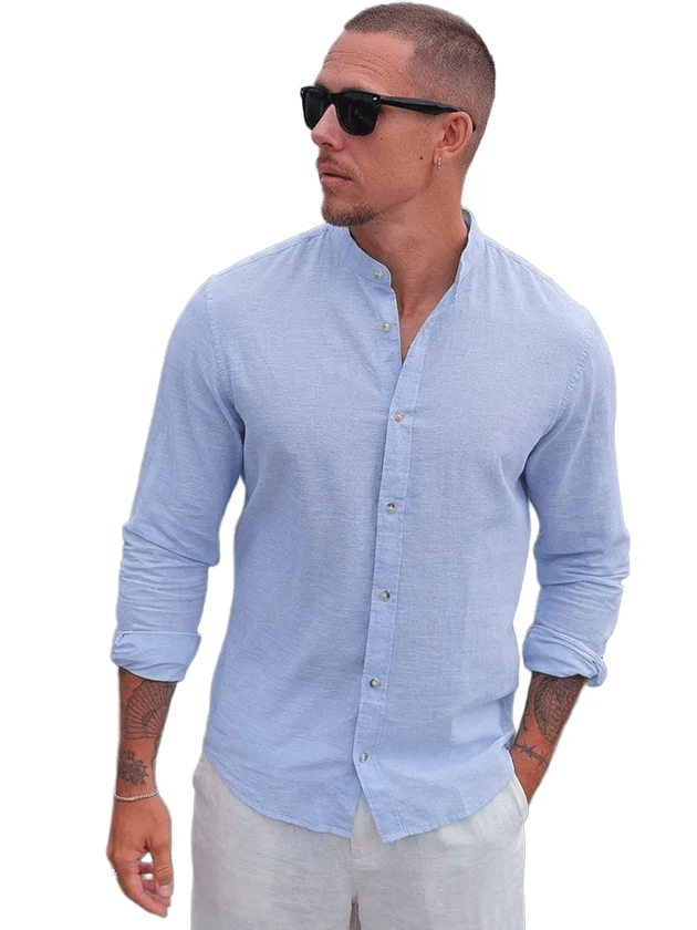 Summer Linen Blend Band Shirt L S Sn