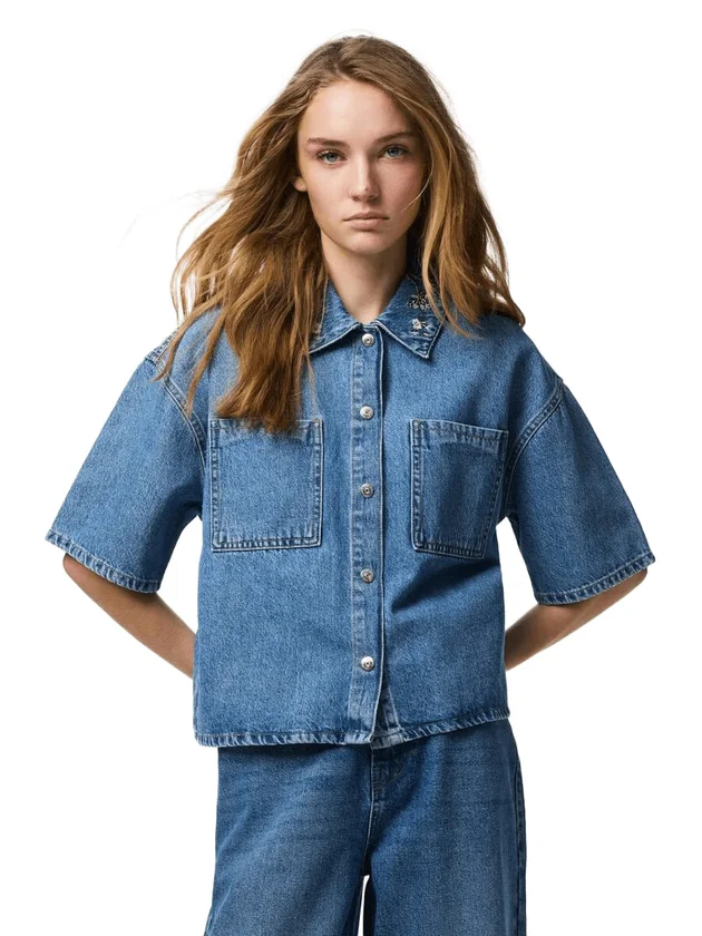 Pcsky Embroidery 3 4 Denim Shirt